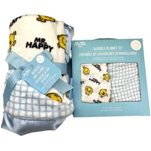 JuJuBe Mr Happy Baby Boy Blanket Lot‎ Bamboo Swaddle Plush Satin Trim NWT